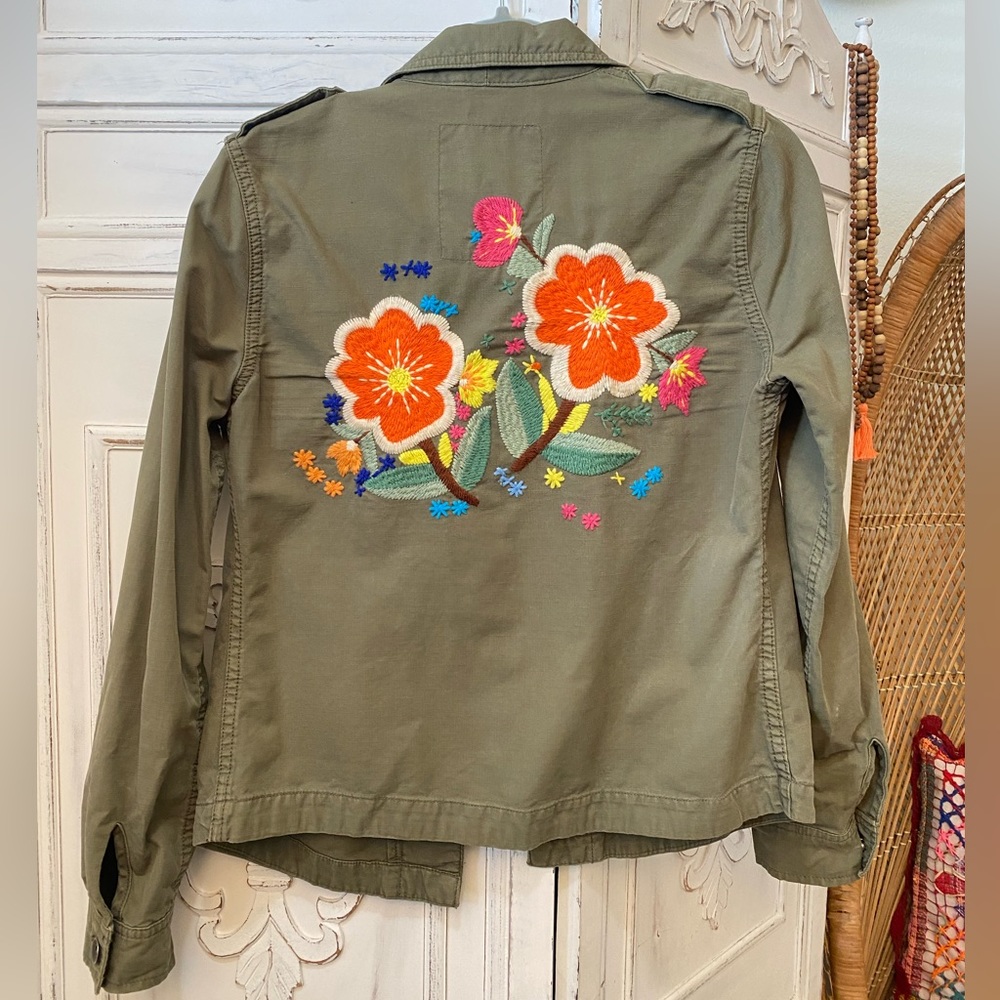 Lucky Brand 90s Y2K Embroidered Military Khaki Army Green Shirt Jacket Retro
